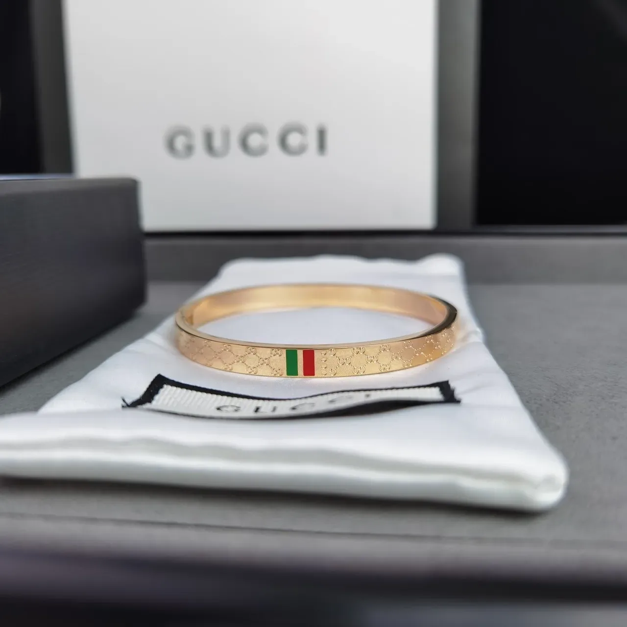 Gucci GG Marmont Silver Red Engraved Monogram Italian Flag Stripe Bracelet 8