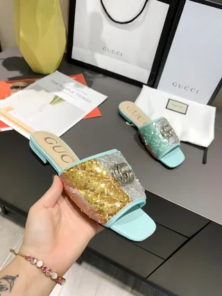 Gucci GG Marmont Slipper Multicolor Blue Sequined Multi-Tone Upper Metal Interlocking G Buckle Slippers 1