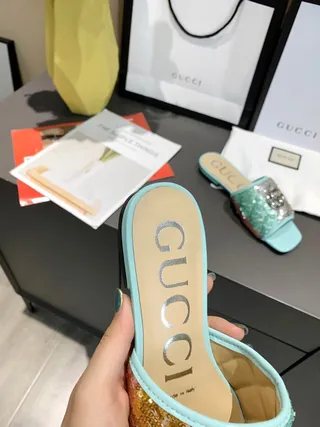 Gucci GG Marmont Slipper Multicolor Blue Sequined Multi-Tone Upper Metal Interlocking G Buckle Slippers 3
