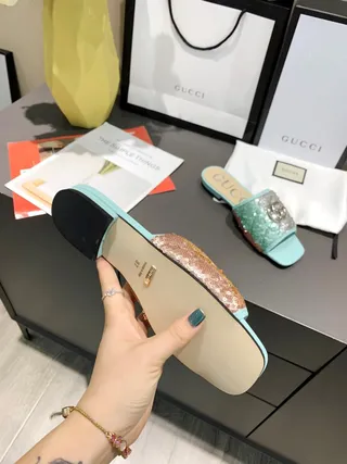 Gucci GG Marmont Slipper Multicolor Blue Sequined Multi-Tone Upper Metal Interlocking G Buckle Slippers 4