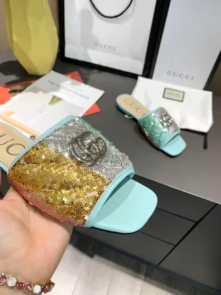 Gucci GG Marmont Slipper Multicolor Blue Sequined Multi-Tone Upper Metal Interlocking G Buckle Slippers 5
