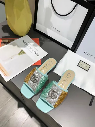 Gucci GG Marmont Slipper Multicolor Blue Sequined Multi-Tone Upper Metal Interlocking G Buckle Slippers 6