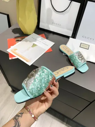 Gucci GG Marmont Slipper Multicolor Blue Sequined Multi-Tone Upper Metal Interlocking G Buckle Slippers 7