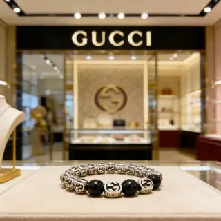 Gucci GG Monogram Beaded Bracelet Black and Silver Bracelets
