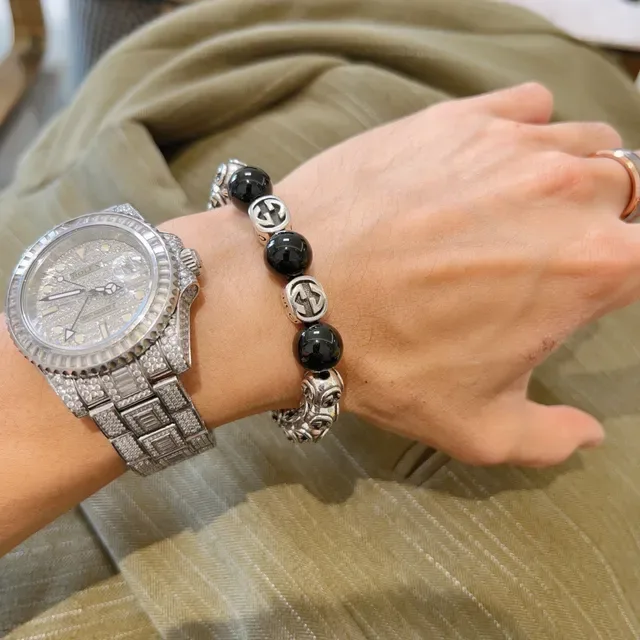 Gucci GG Monogram Beaded Bracelet Black and Silver Bracelets 2