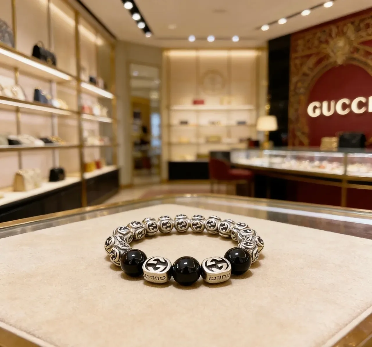 Gucci GG Monogram Beaded Bracelet Black and Silver Bracelets 6