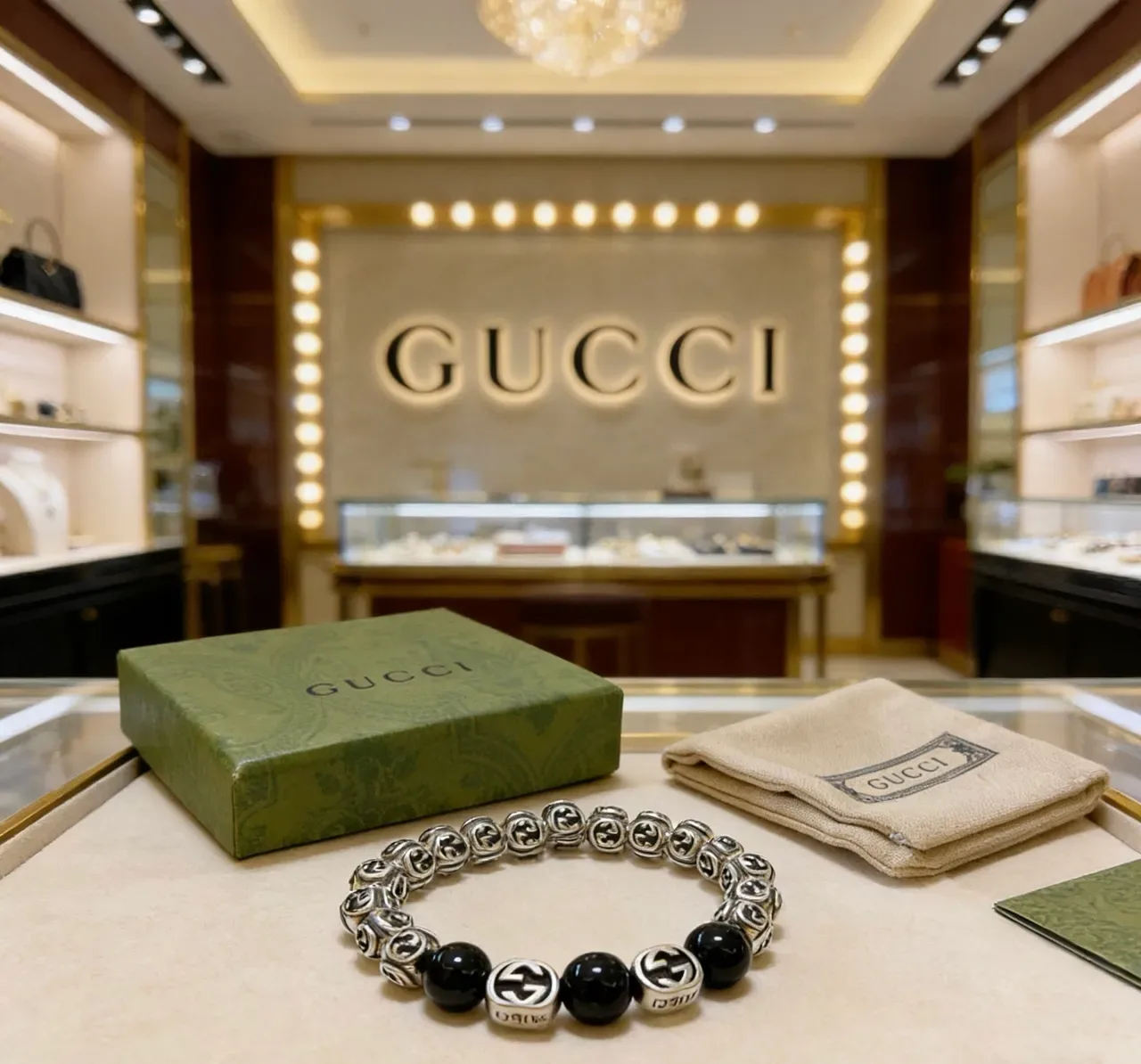 Gucci GG Monogram Beaded Bracelet Black and Silver Bracelets 7