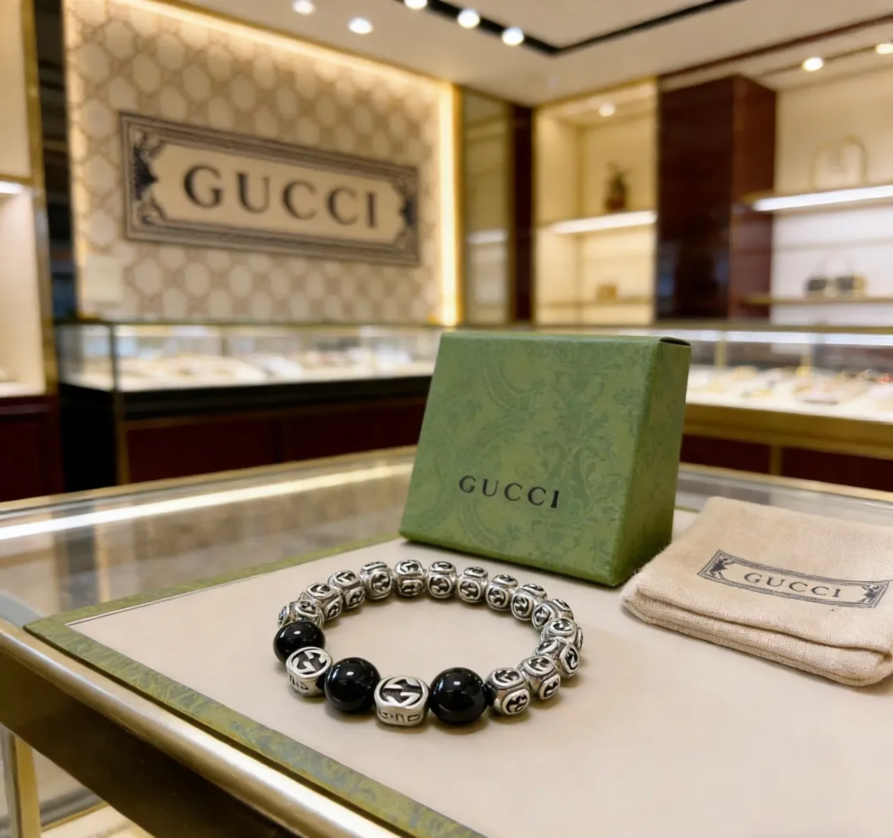 Gucci GG Monogram Beaded Bracelet Black and Silver Bracelets 9