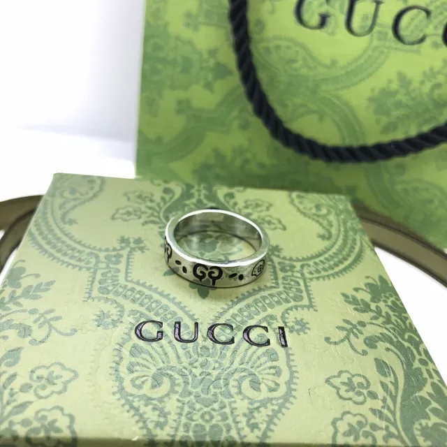 Gucci GG Motif Green Enamel Silver Ring 2