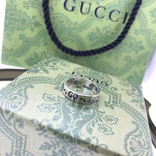 Gucci GG Motif Green Enamel Silver Ring 3