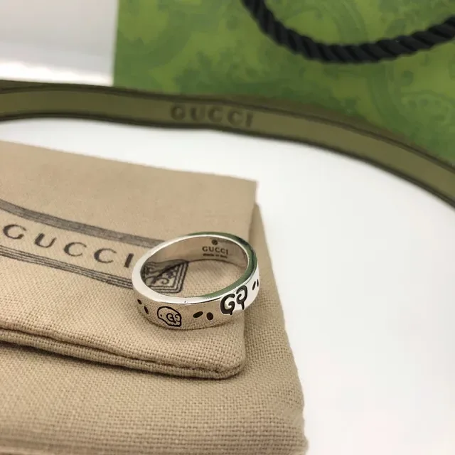 Gucci GG Motif Green Enamel Silver Ring 5