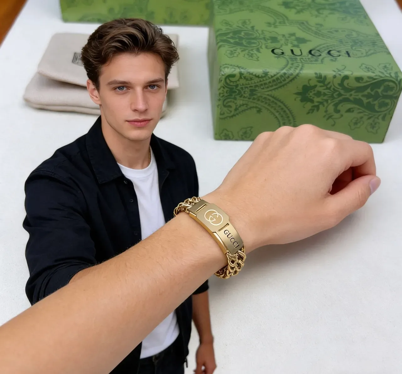 Gucci Gold Braided Curb-Link Chain Bracelet 7