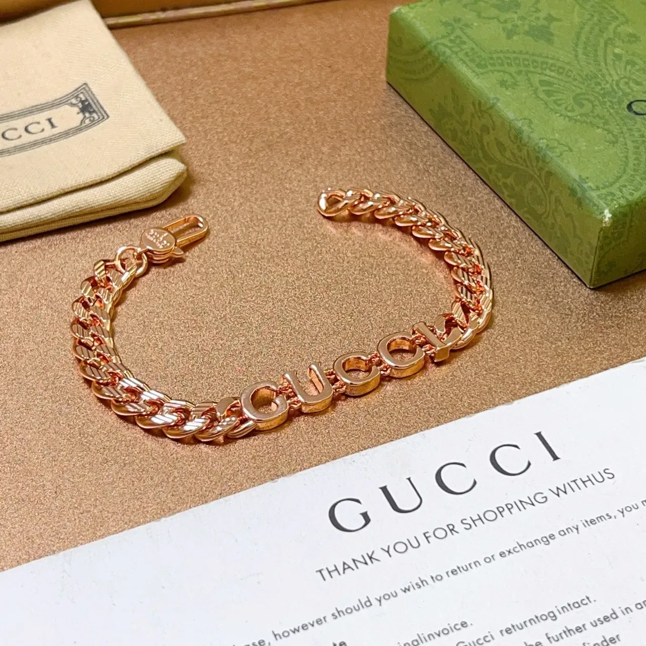Gucci Gold Chunky Curb Chain Block-Letter Logo Bracelet 9