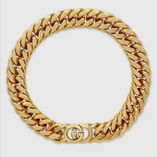Pulseira Gucci Corrente Curb-Link Dourada Interligação Fecho Duplo-G