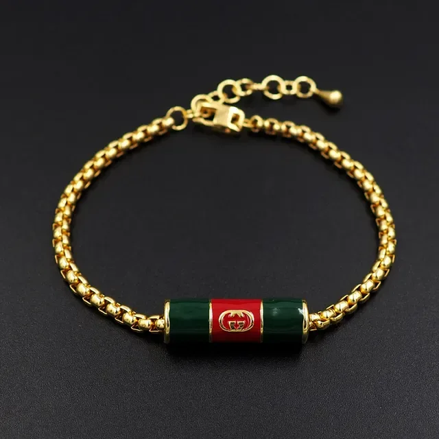 Gucci गोल्ड रेड कर्ब चेन एनामेल सिलेंडर चार्म ब्रेसलेट 4