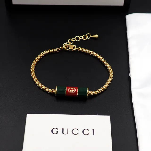 Gucci गोल्ड रेड कर्ब चेन एनामेल सिलेंडर चार्म ब्रेसलेट 6