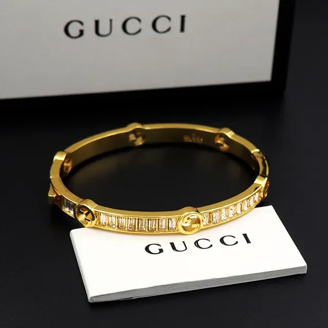 Gucci Gold-Tone Baguette Crystal Interlocking G Bangle Bracelet 2