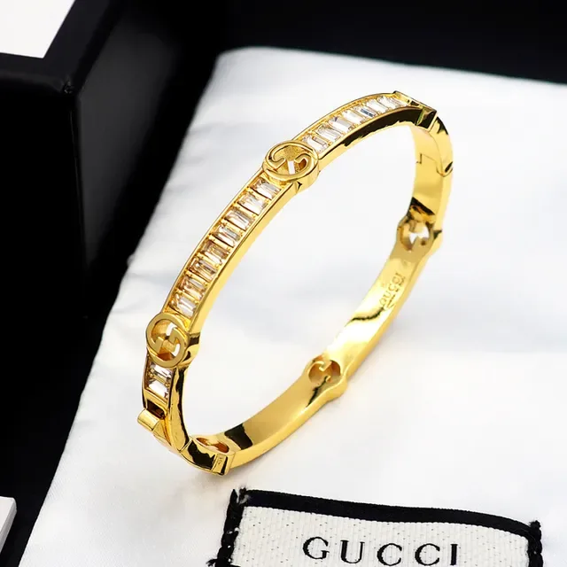 Gucci Gold-Tone Baguette Crystal Interlocking G Bangle Bracelet 3