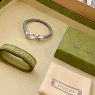 Gucci Gray Green Braided Leather Horsebit Clasp Bracelet