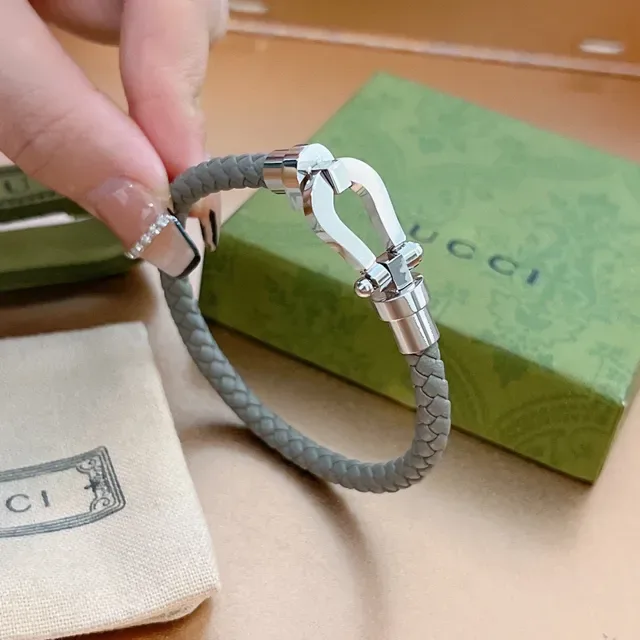 Gucci Gray Green Braided Leather Horsebit Clasp Bracelet 2