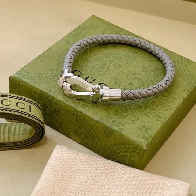 Gucci Gray Green Braided Leather Horsebit Clasp Bracelet 6