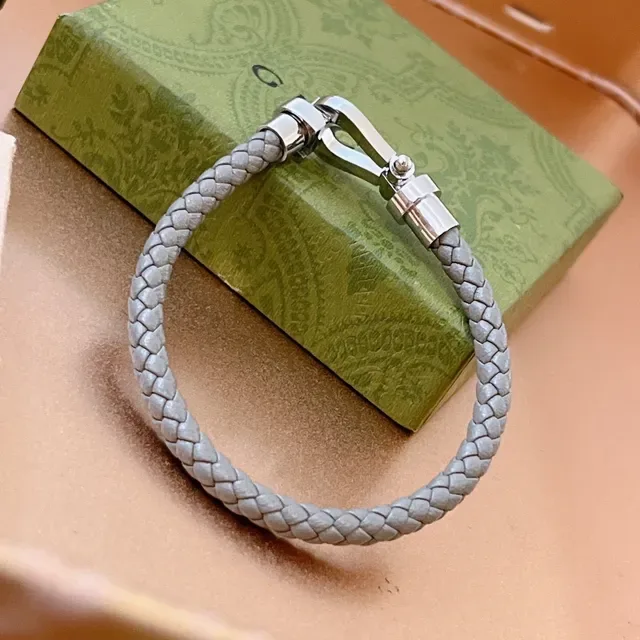 Gucci Gray Green Braided Leather Horsebit Clasp Bracelet 7