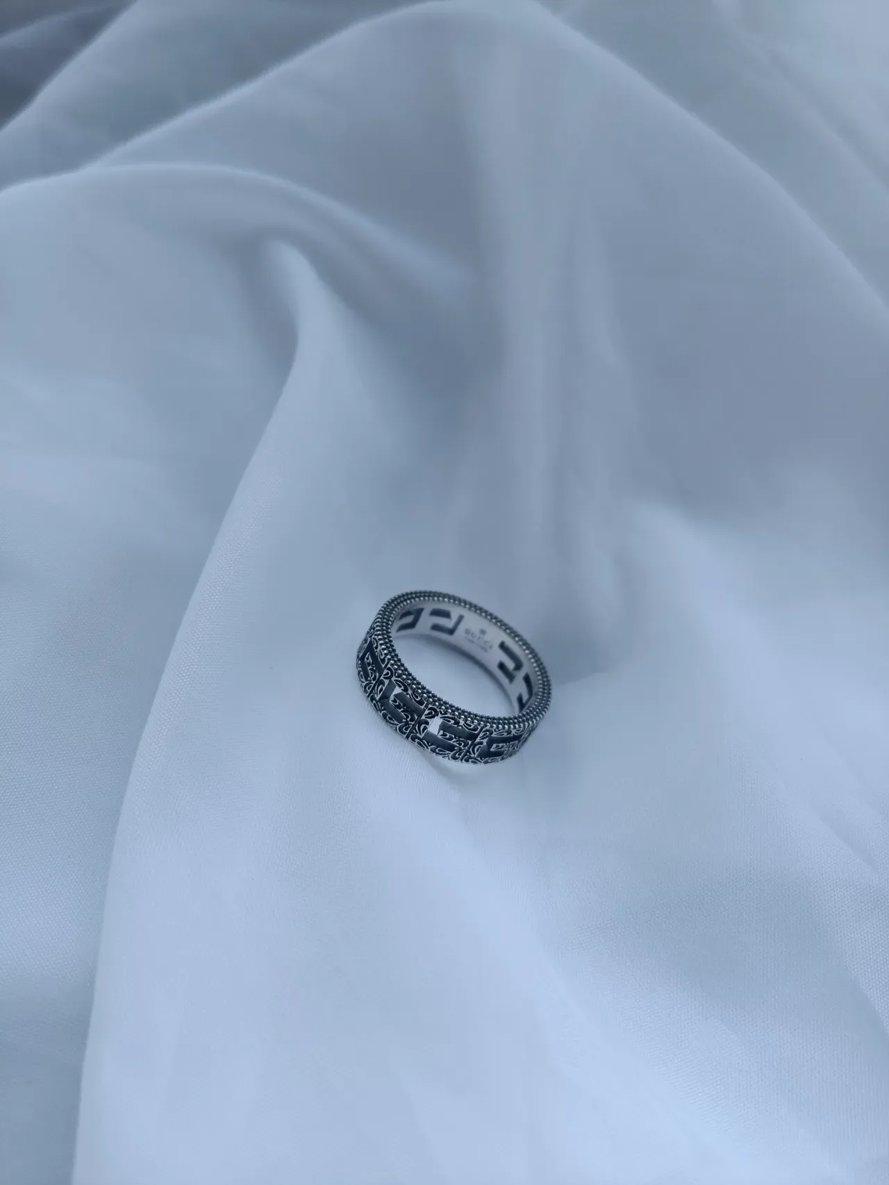 Gucci Greek Key Silver Black Wide Band Engraved Motif Ring 3