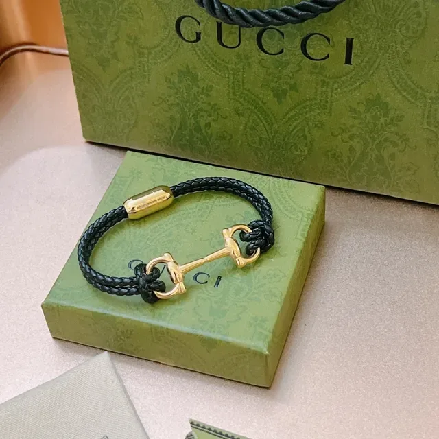 Gucci Horsebit 1955 Black Braided Leather and Gold-Tone Bracelet 5