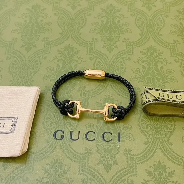Gucci Horsebit 1955 Black Braided Leather and Gold-Tone Bracelet 6