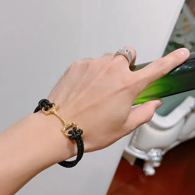 Gucci Horsebit 1955 Black Braided Leather and Gold-Tone Bracelet 7