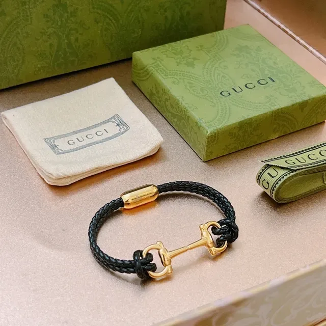Gucci Horsebit 1955 Black Braided Leather and Gold-Tone Bracelet 8