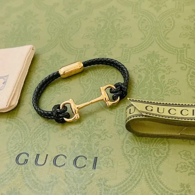 Gucci Horsebit 1955 Black Braided Leather and Gold-Tone Bracelet 9