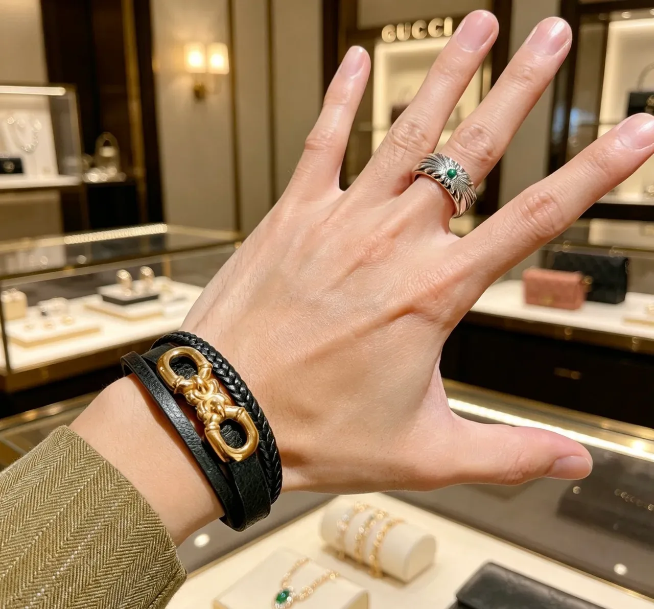 Gucci Horsebit 1955 Bracelet en Cuir Tressé Noir Doré 3