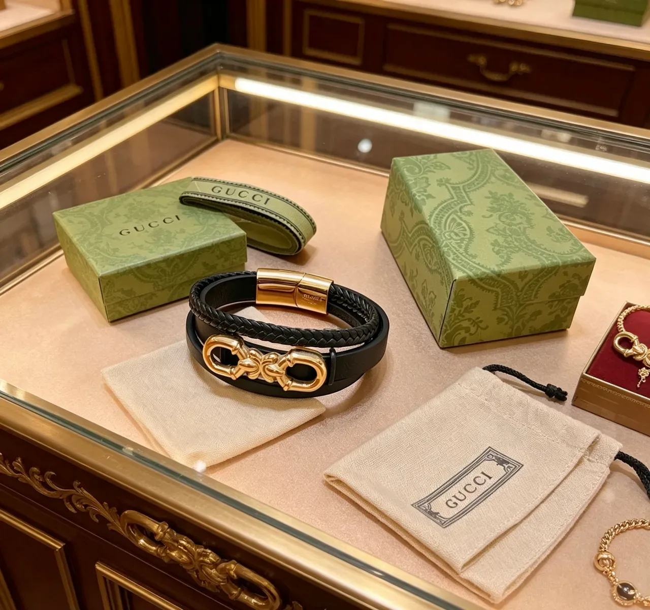 Gucci Horsebit 1955 Bracelet en Cuir Tressé Noir Doré 5