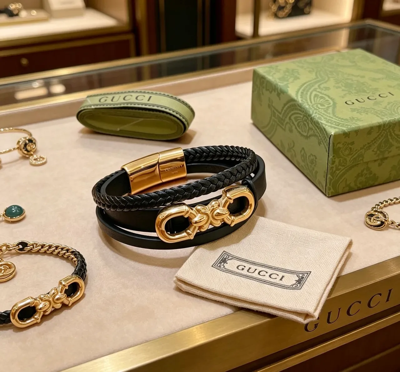 Gucci Horsebit 1955 Bracelet en Cuir Tressé Noir Doré 6
