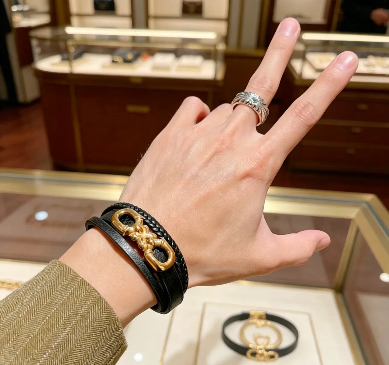 Gucci Horsebit 1955 Bracelet en Cuir Tressé Noir Doré 8