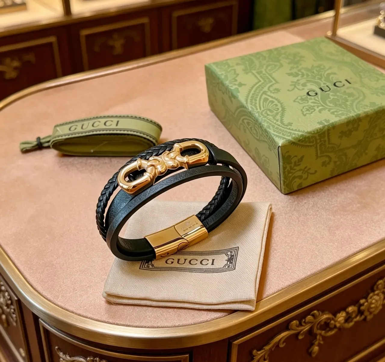 Gucci Horsebit 1955 Bracelet en Cuir Tressé Noir Doré 9