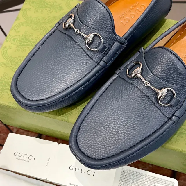 Gucci Horsebit 1955 Blue Pebbled Leather Loafers 4