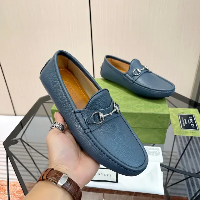 Gucci Horsebit 1955 Blue Pebbled Leather Loafers 6