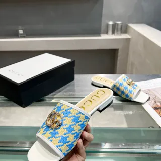 Gucci Horsebit 1955 Blue Yellow Woven Houndstooth Interlocking GG Hardware Slippers