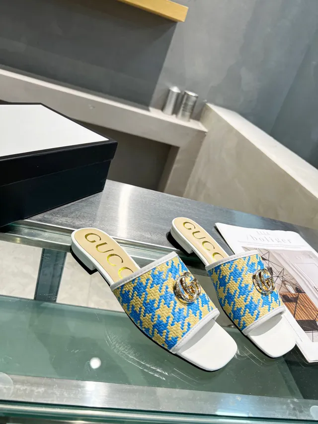 Gucci Horsebit 1955 Blue Yellow Woven Houndstooth Interlocking GG Hardware Slippers 2