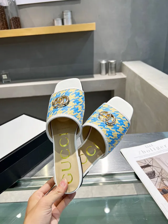 Gucci Horsebit 1955 Blue Yellow Woven Houndstooth Interlocking GG Hardware Slippers 5