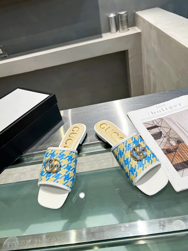 Gucci Horsebit 1955 Blue Yellow Woven Houndstooth Interlocking GG Hardware Slippers 7