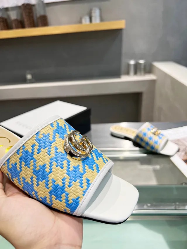 Gucci Horsebit 1955 Blue Yellow Woven Houndstooth Interlocking GG Hardware Slippers 8