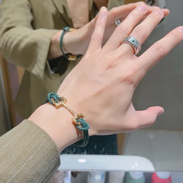 Gucci Horsebit 1955 Pulsera de cuero trenzado verde tono dorado 3