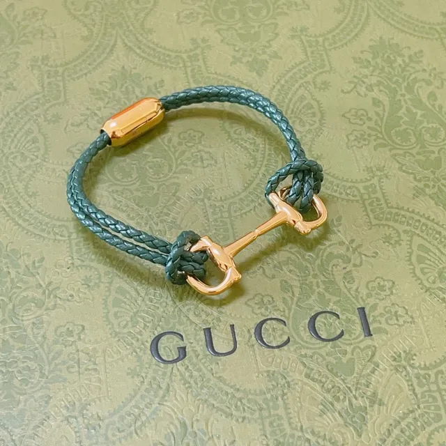 Gucci Horsebit 1955 Pulsera de cuero trenzado verde tono dorado 4