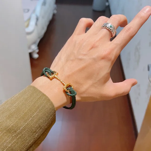 Gucci Horsebit 1955 Pulsera de cuero trenzado verde tono dorado 5
