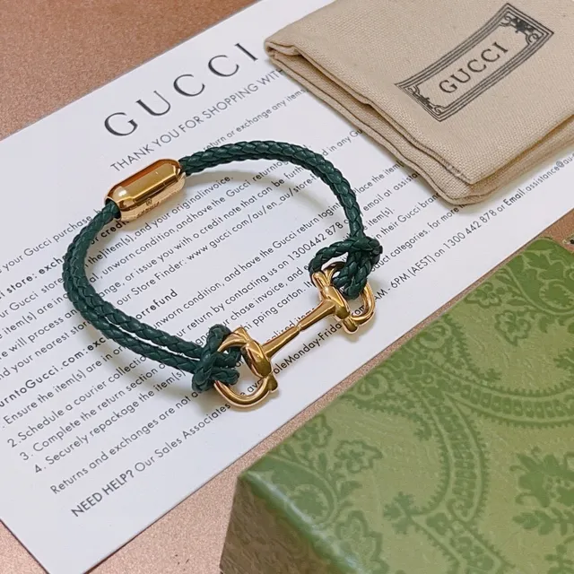 Gucci Horsebit 1955 Pulsera de cuero trenzado verde tono dorado 6