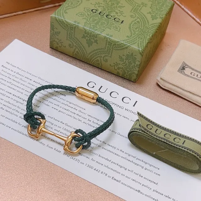 Gucci Horsebit 1955 Pulsera de cuero trenzado verde tono dorado 7
