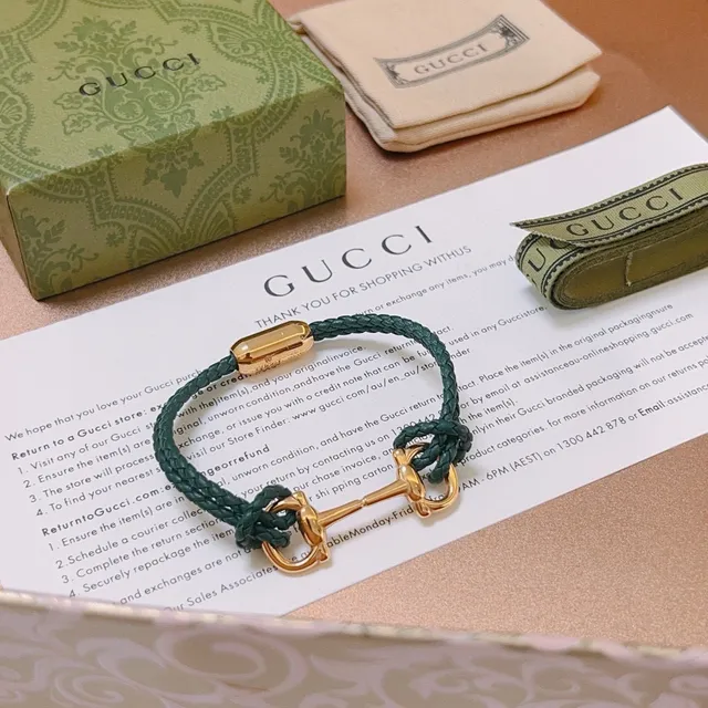 Gucci Horsebit 1955 Pulsera de cuero trenzado verde tono dorado 9